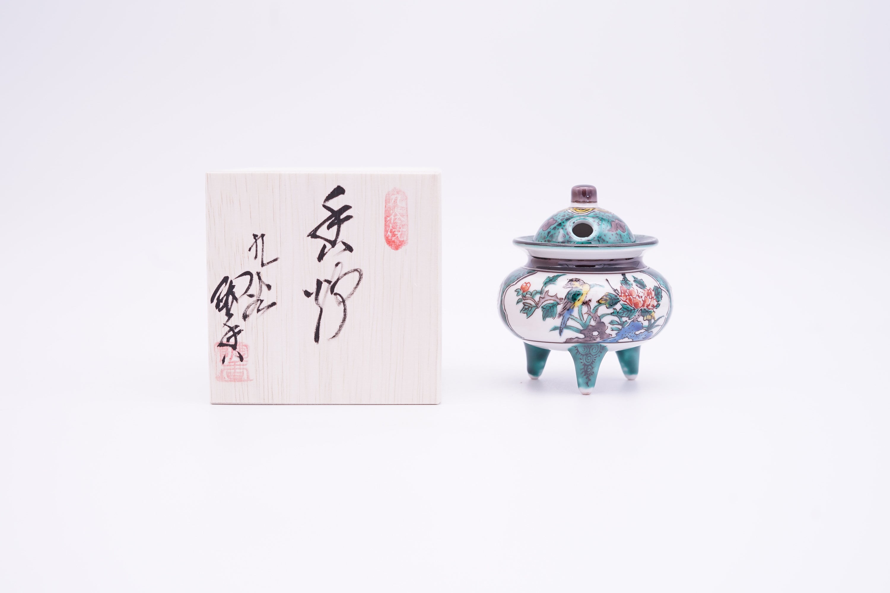 九谷焼 豆香炉 古九谷花鳥（木箱付き) | Kutani Ware Small Incense Burner 