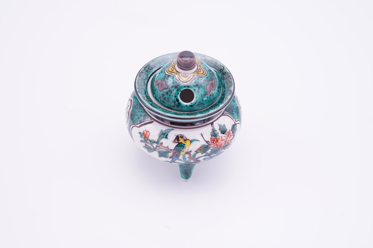 九谷焼　豆香炉　古九谷花鳥（木箱付き) | Kutani Ware Small Incense Burner "Kokutani Kacho style " (with a wooden box)