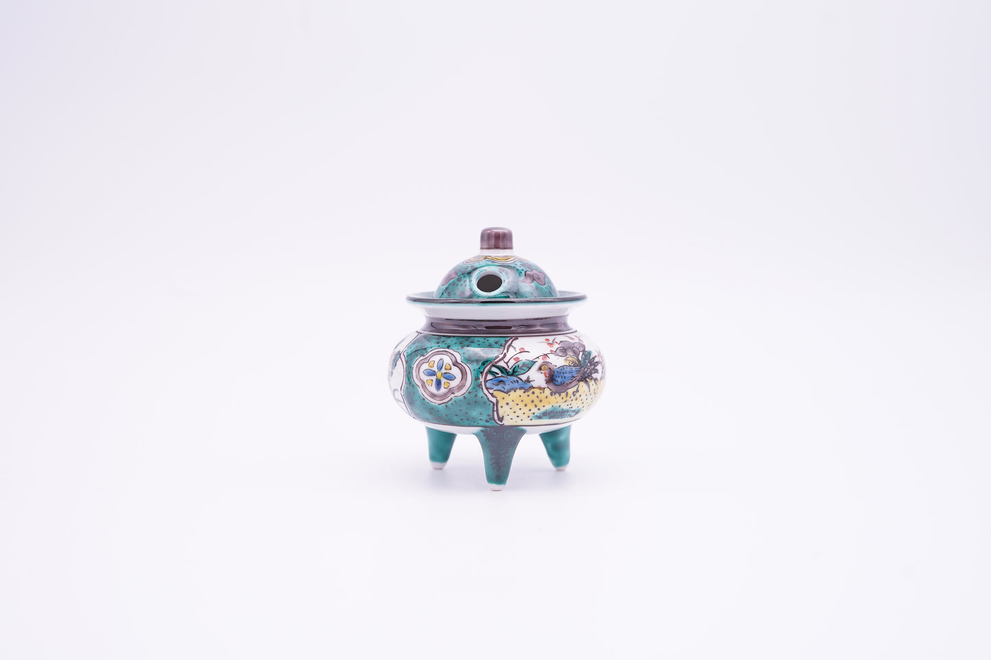 九谷焼　豆香炉　古九谷花鳥（木箱付き) | Kutani Ware Small Incense Burner "Kokutani Kacho style " (with a wooden box)