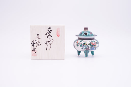 九谷焼　豆香炉　古九谷花鳥（木箱付き) | Kutani Ware Small Incense Burner "Kokutani Kacho style " (with a wooden box)